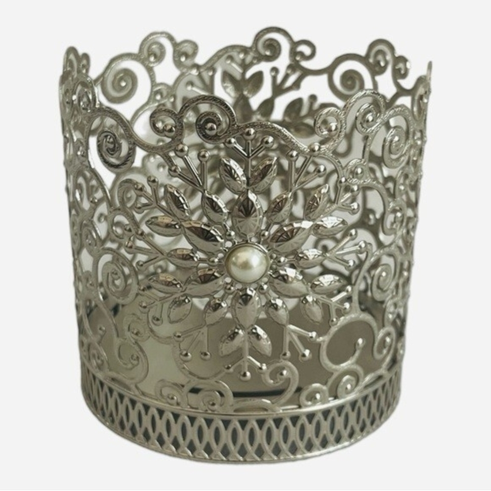Bath & Body Works Metal Floral Patchwork Candle Holder Pearl Brushed Silver 4" - Picture 2 of 3